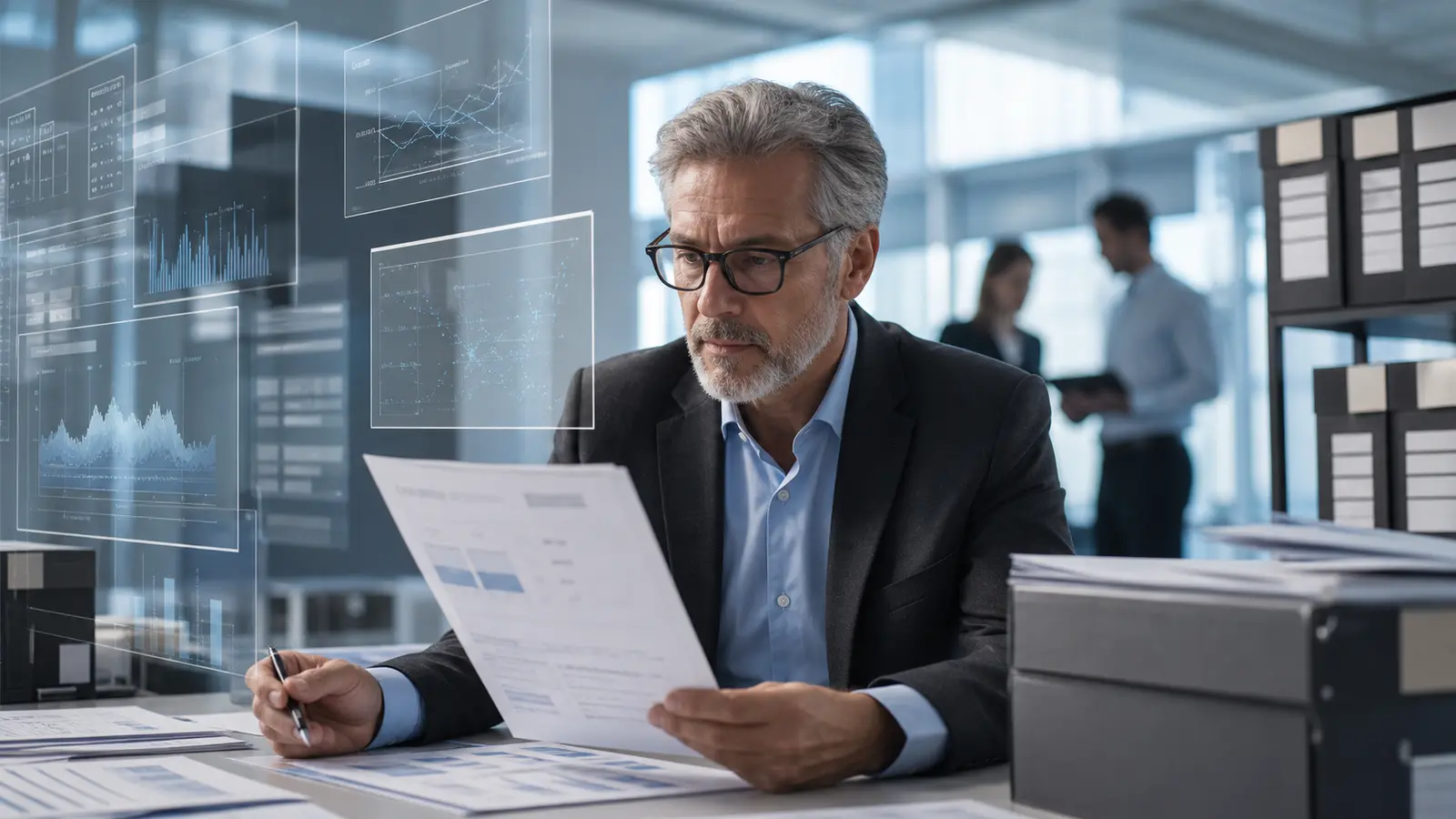 Business analyst comparing historical reports with an artificial intelligence knowledge system in a secure corporate archive