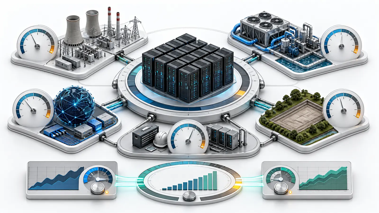 Data visualization of compute capacity constrained by electricity cooling networks land operations and utilization