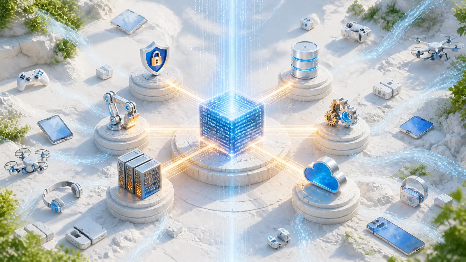 Focused AI code core connected to secure enterprise tools while side projects fade away