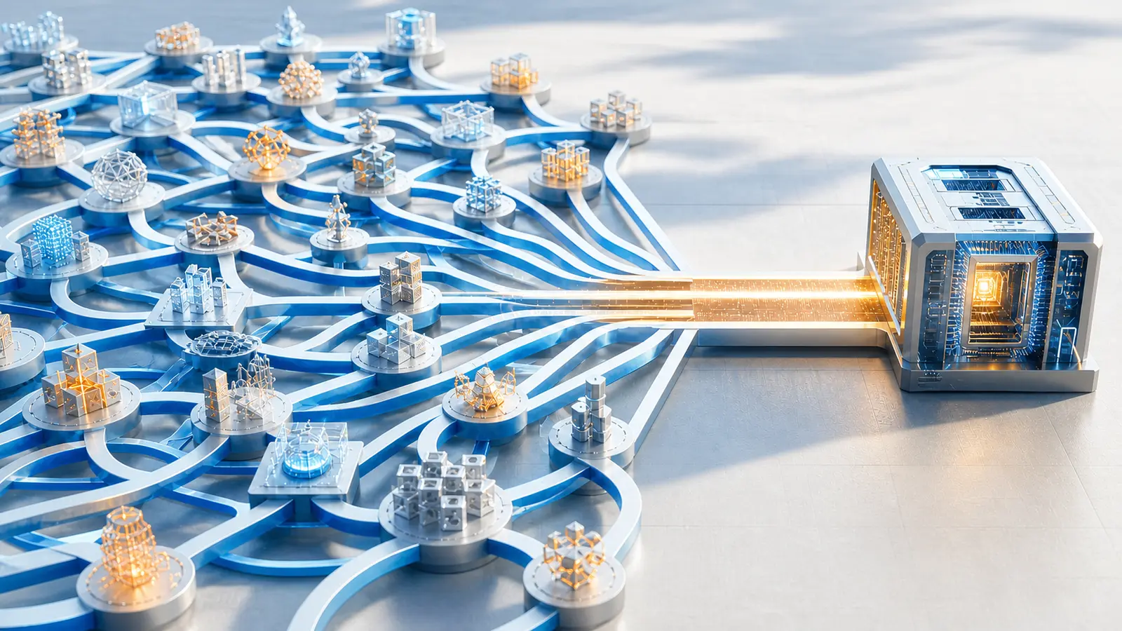 Many bright technology pathways converge into one illuminated AI product engine