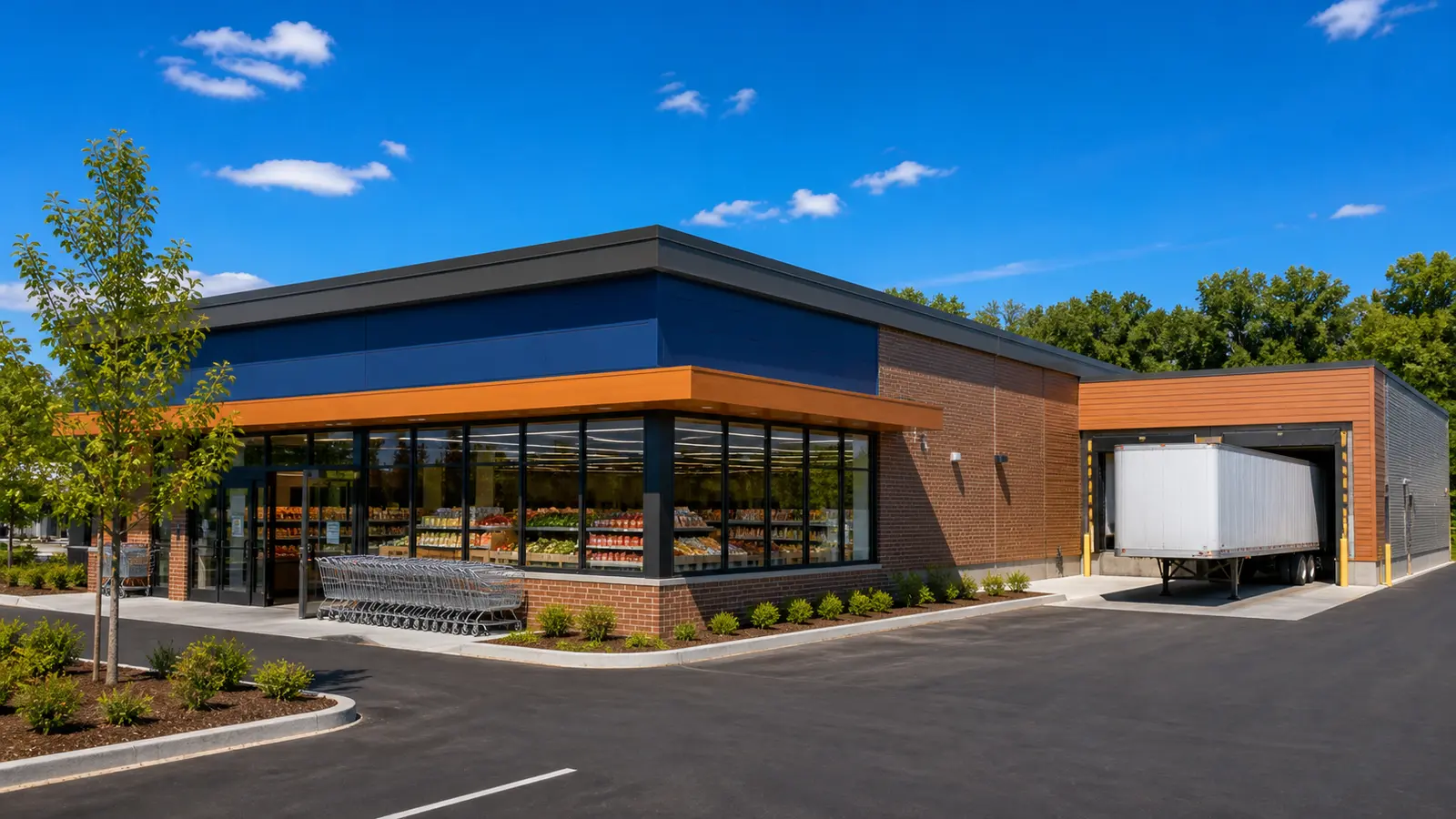 Bright unbranded discount grocery store with compact aisles, nested carts and a separate delivery dock under clear daylight