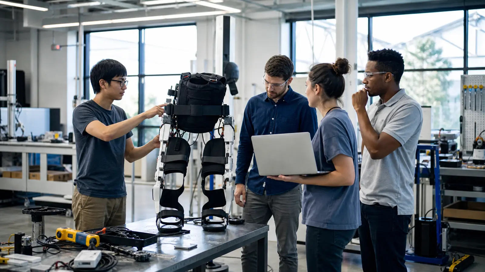 Engineers evaluating a wearable robotic mobility prototype in an advanced laboratory