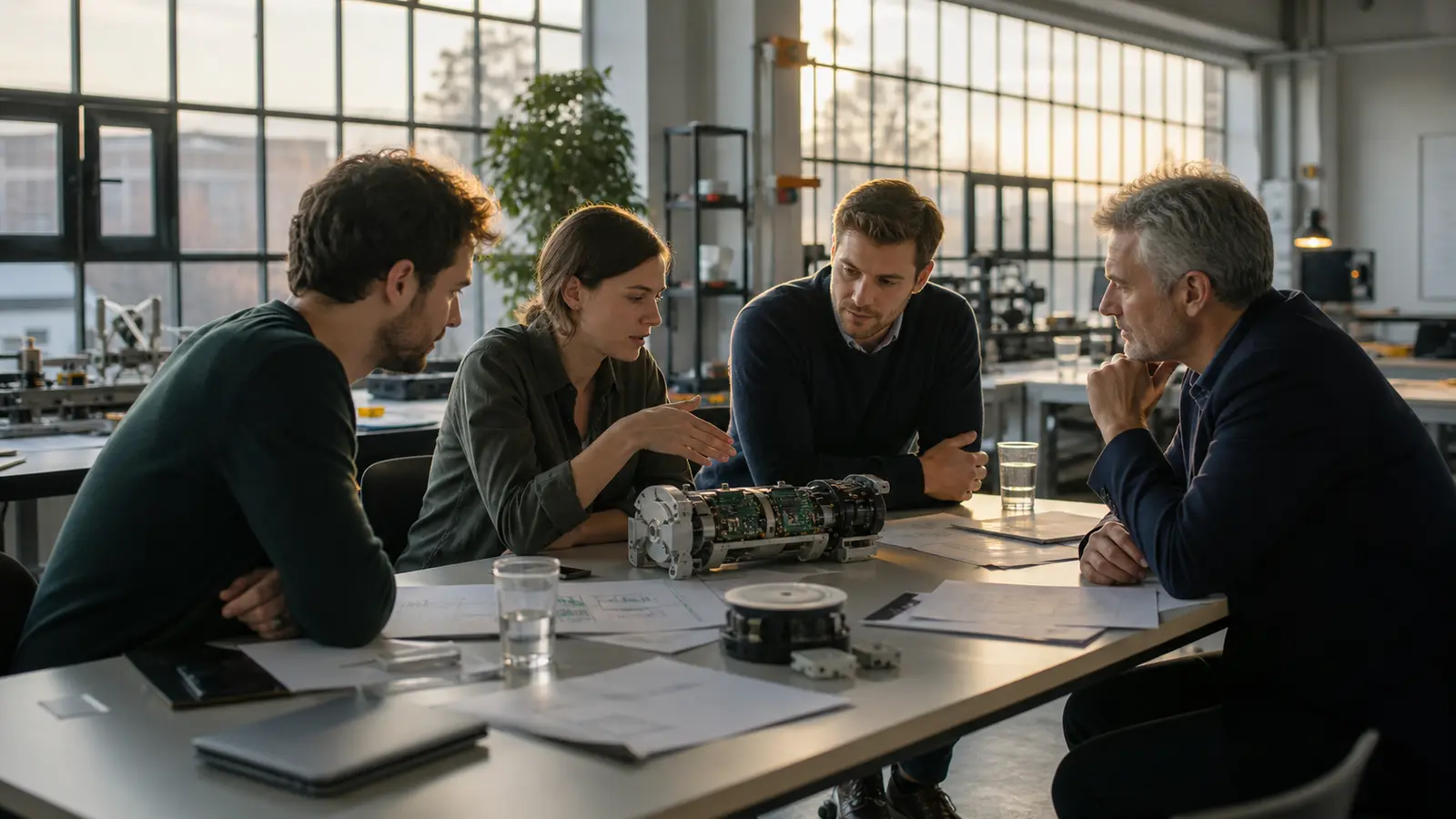 Independent deep-technology founders reviewing a hardware prototype and commercialization plan