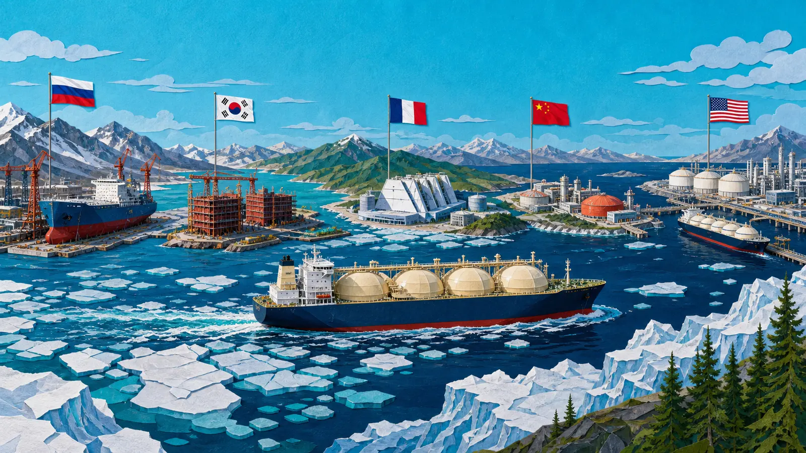 Colorful painted Arctic panorama with an ice-class LNG carrier and the flags of Russia, South Korea, France, China and the United States