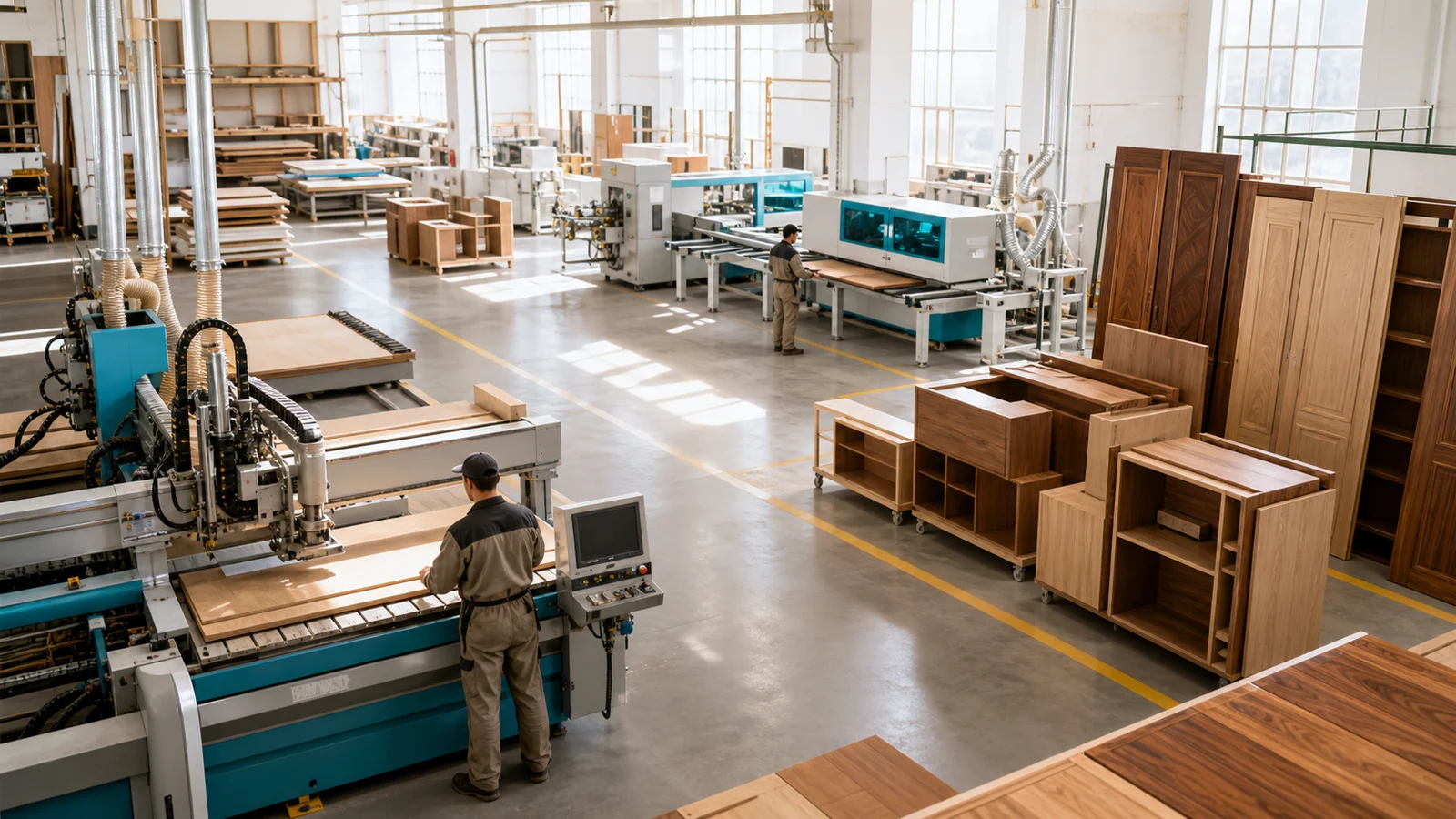 A bright furniture workshop with separate machines processing large timber panels and finished cabinet components
