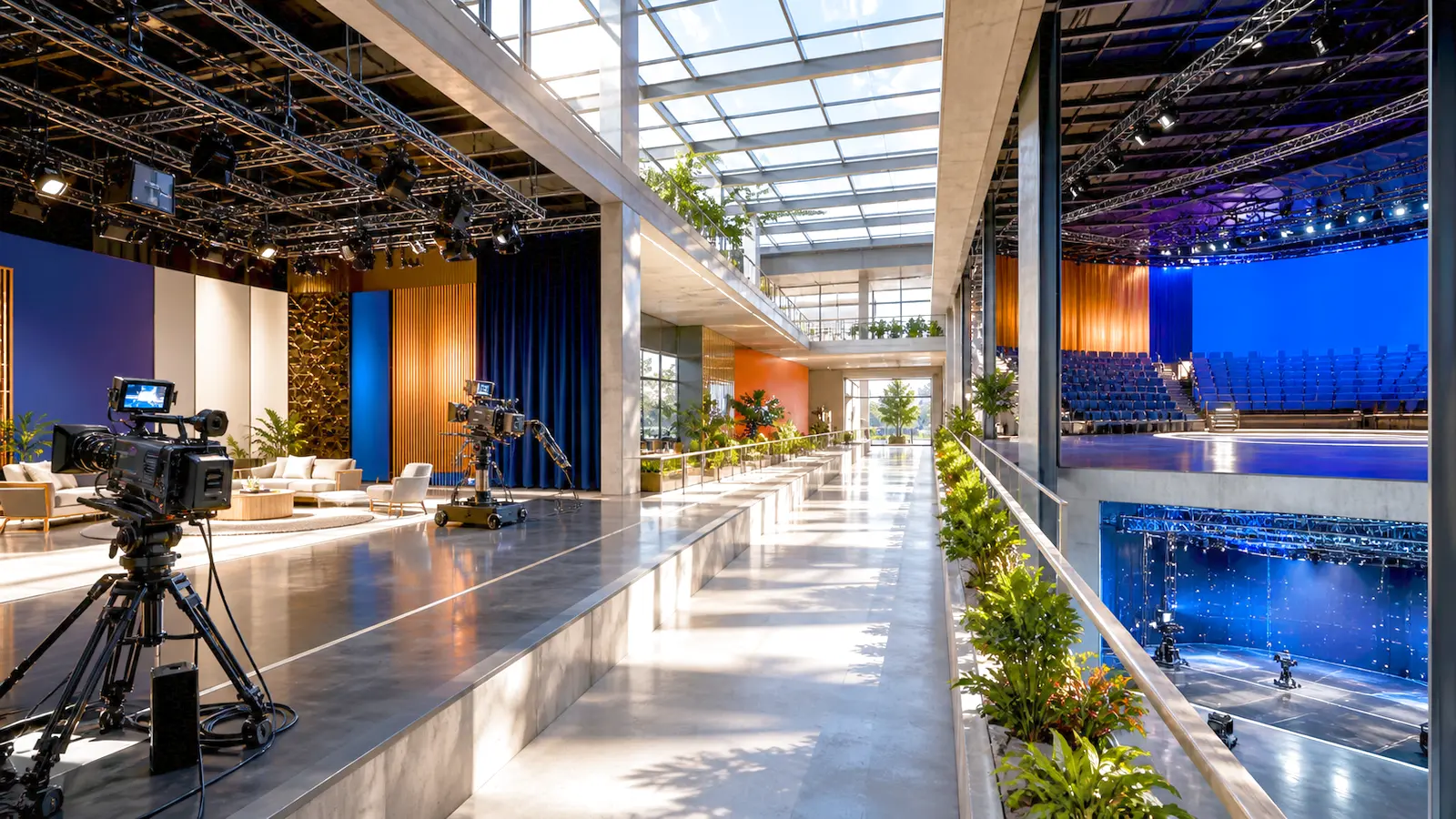 Bright sunlit media campus flows diagonally from a television soundstage to a live-event arena and a motion-capture studio