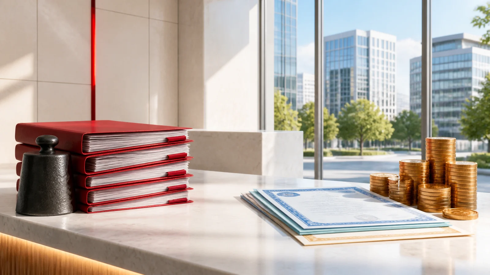 Loan application folders under a heavy weight beside savings documents and coins in bright daylight