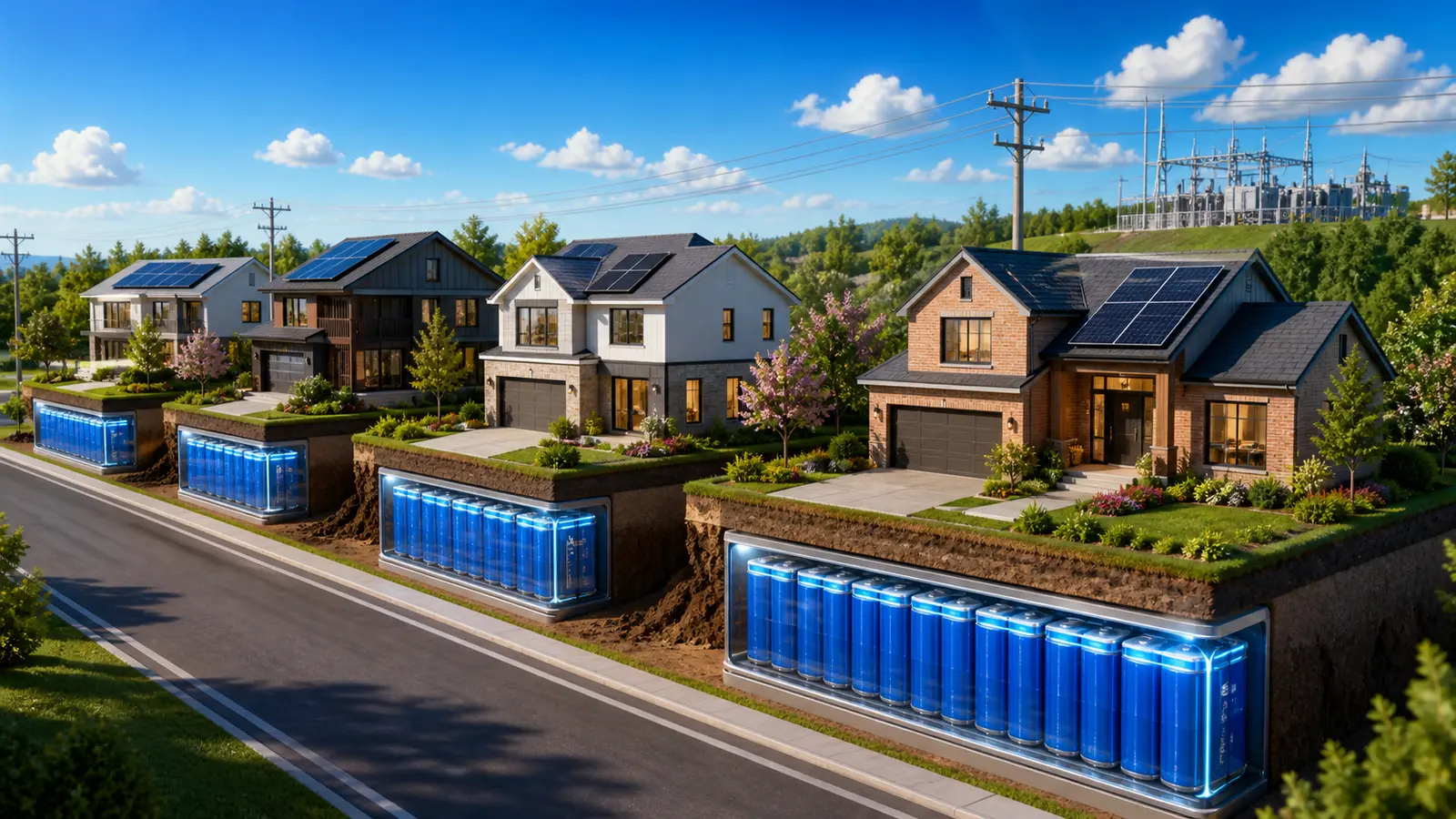 Bright suburban homes rest on separate blue battery modules along a diagonal street leading toward a sunlit electrical substation