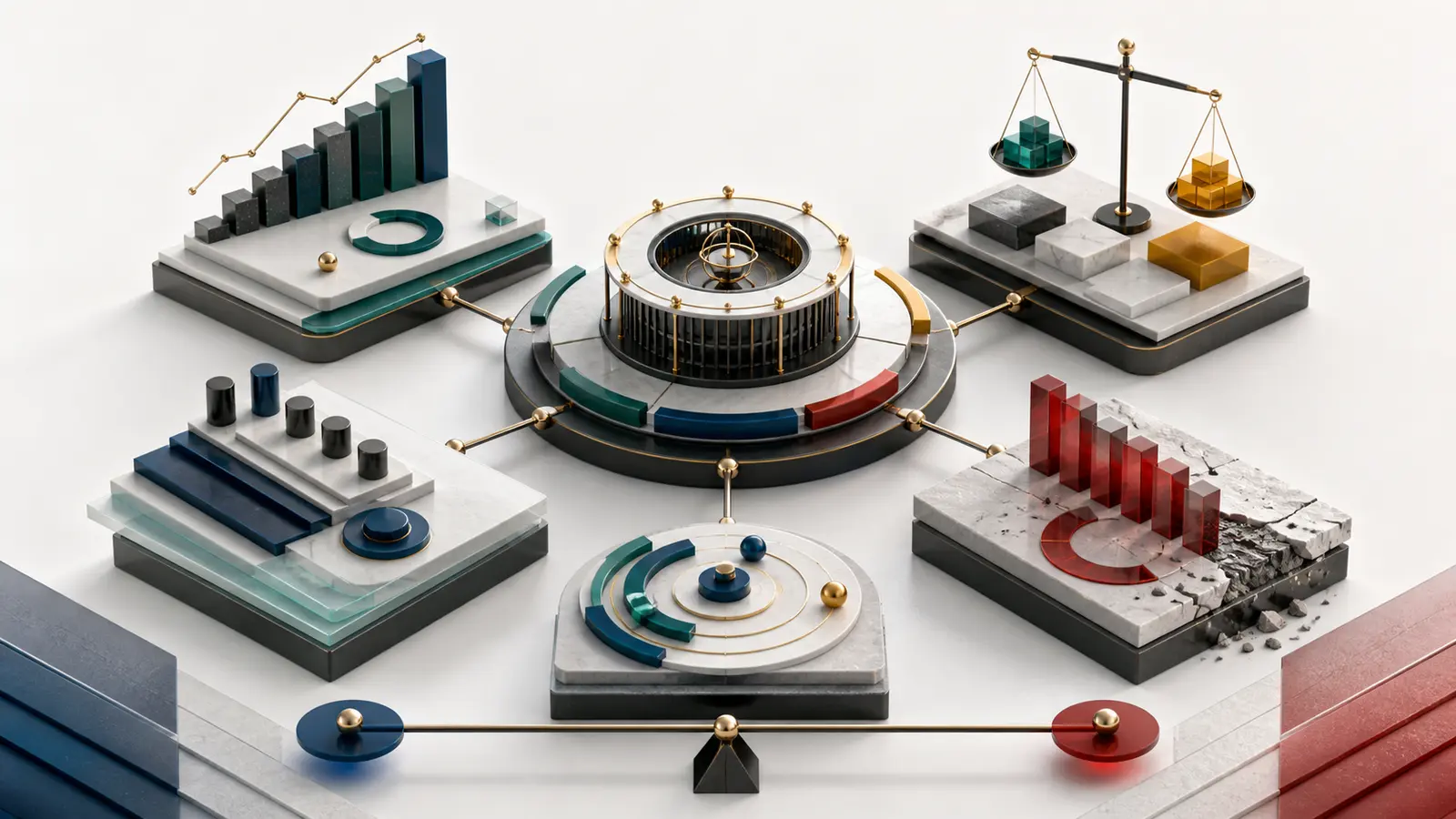 Abstract governance dashboard connecting operating performance capital allocation succession shareholder alignment and conflict cost
