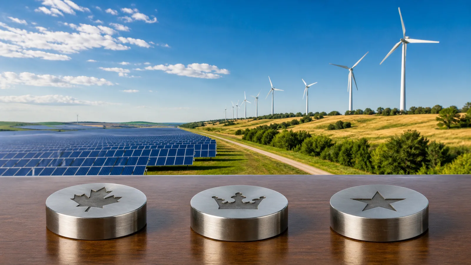 A bright American renewable-energy landscape shows solar arrays wind turbines and separate metal symbols for Canada Britain and the United States