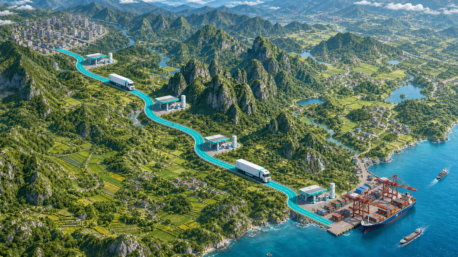 A bright oblique map of southern China follows a freight route with four hydrogen stations two heavy trucks and Qinzhou port