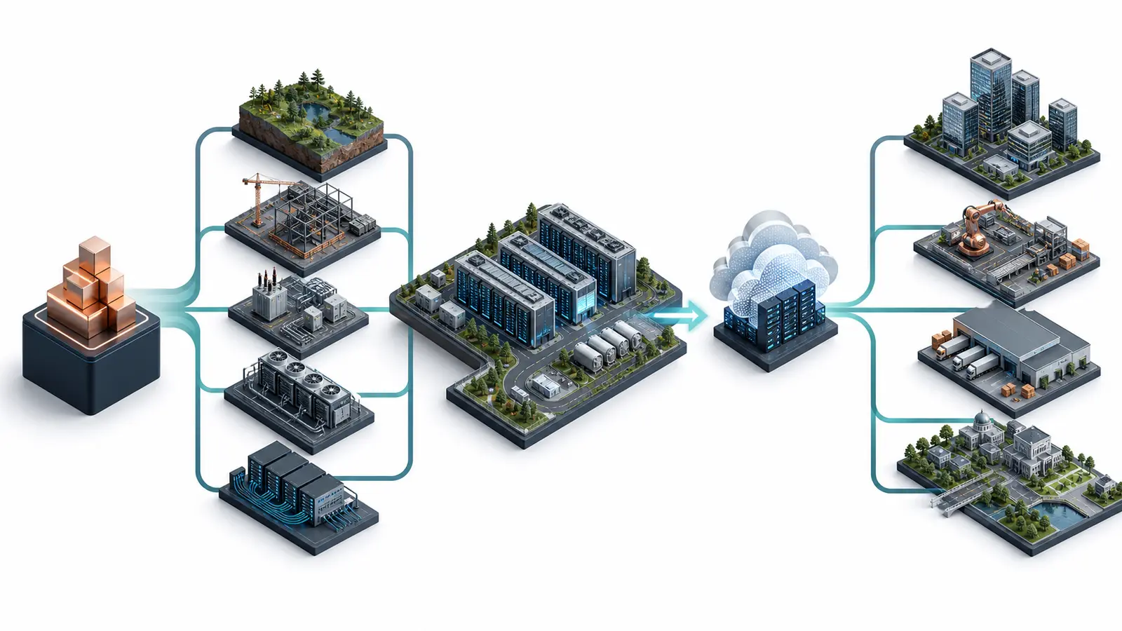 Infrastructure capital flowing through construction power cooling and networks into a data-centre campus and regional value