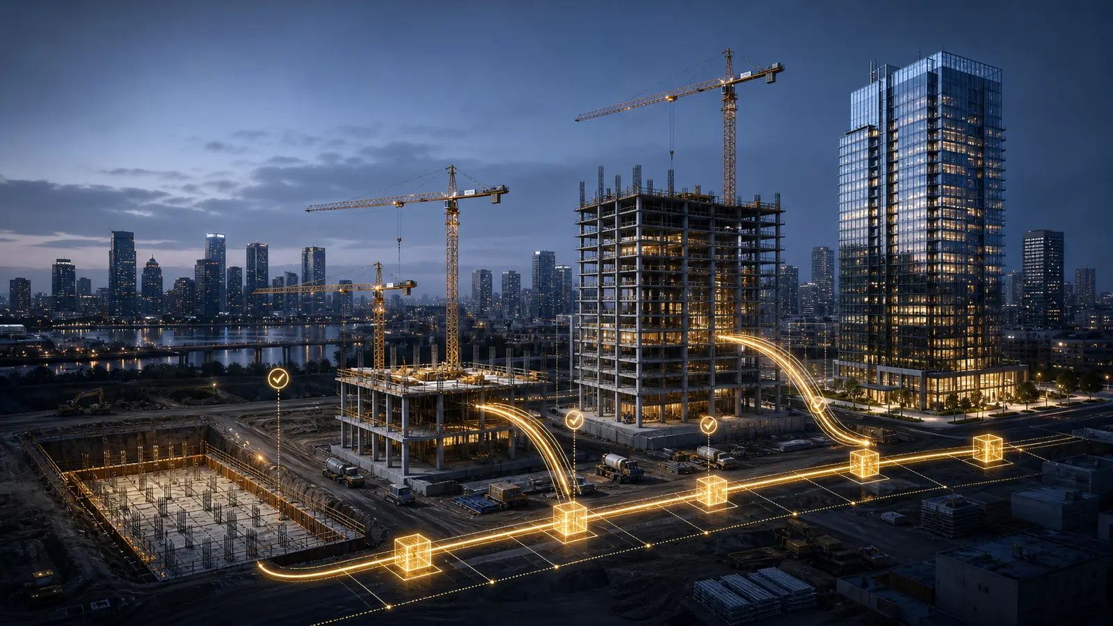 Urban construction phases connected by luminous capital flows and control points