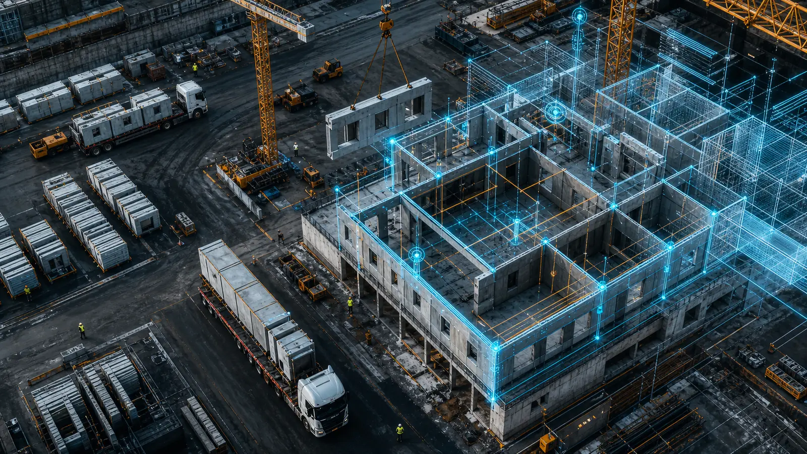 Modular construction site aligned with a blue digital building model and control points