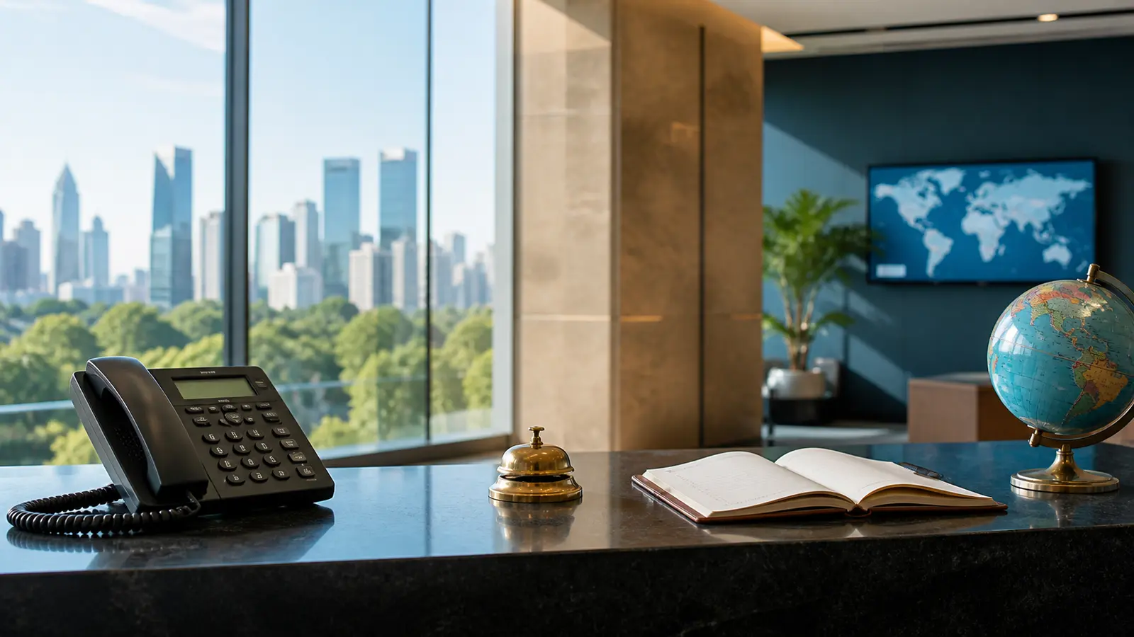 A bright editorial office reception desk with an open notebook and daylight