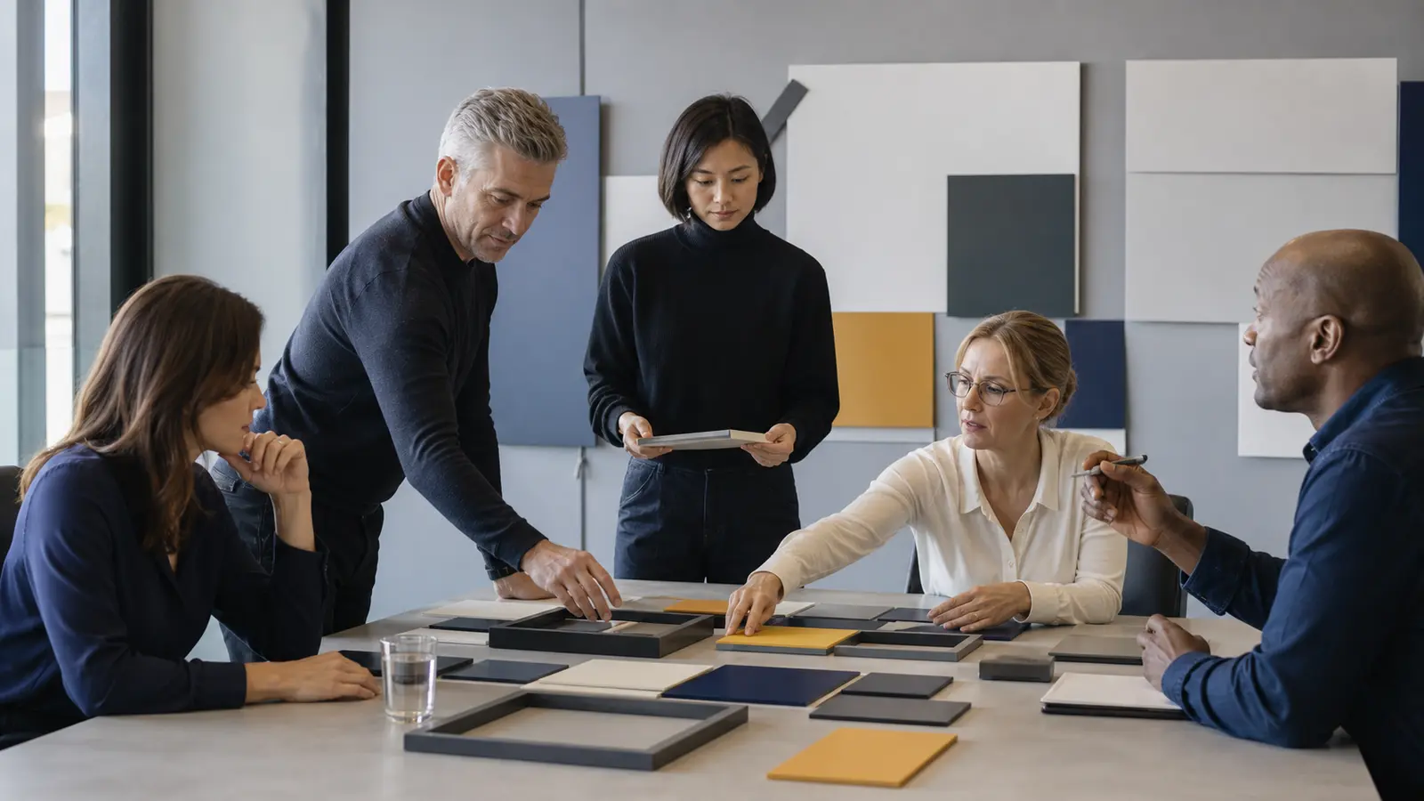 Strategy team rearranging abstract frames to compare several ways of defining a difficult business question