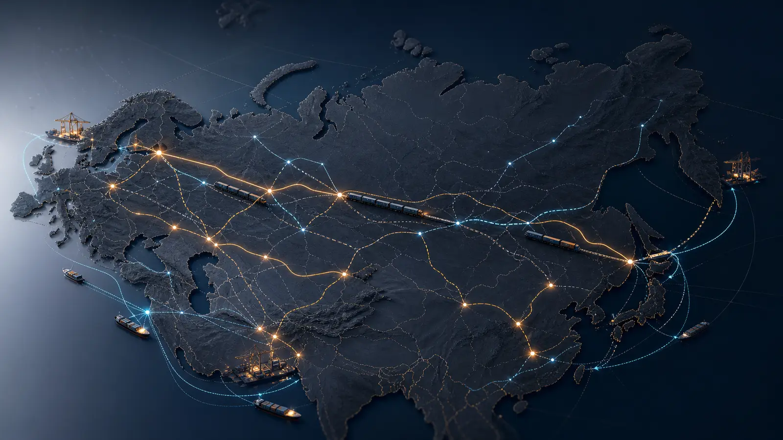 Dark map of Eurasia linked by rail, road and maritime freight routes