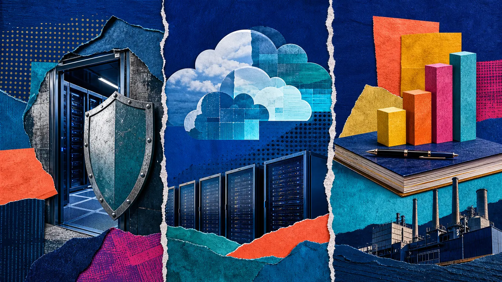 Three-band editorial collage of a protected server room, cloud capacity and resilient business growth