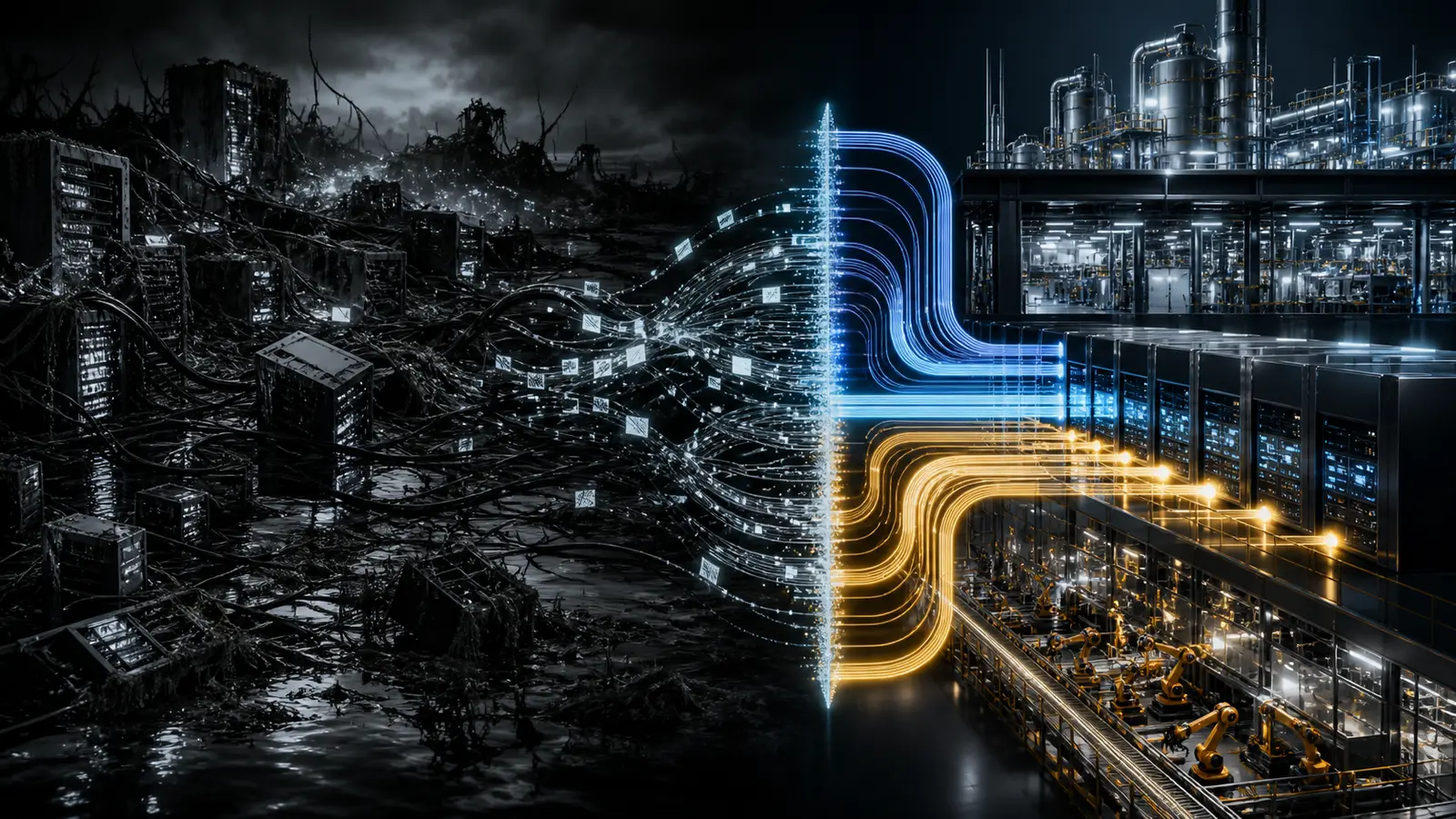 Chaotic dark data swamp transformed into structured streams feeding an industrial system