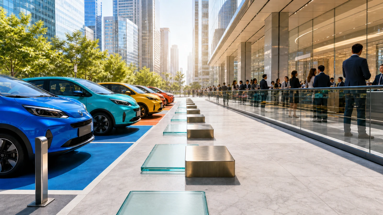 A bright urban scene combines a row of shared cars with glass equity tiles and an investor atrium