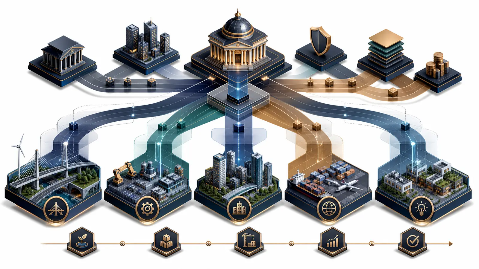 Isometric architecture connects development finance instruments with five project pathways