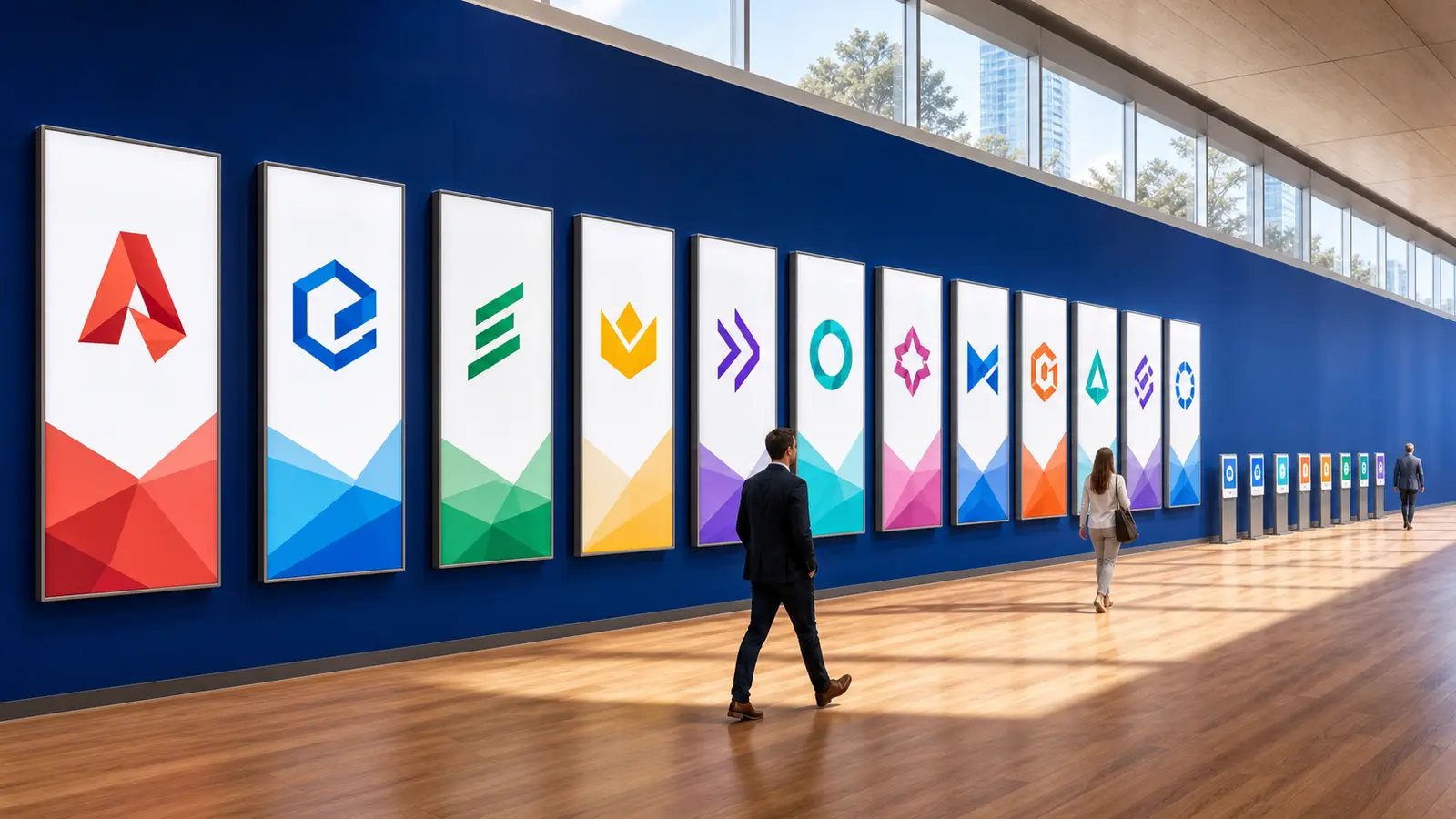 A line of twelve vivid bank identity panels in a bright daylit modern concourse