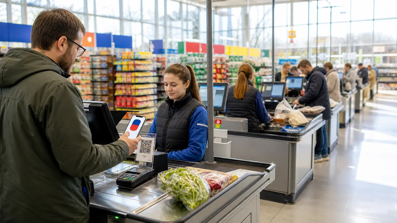 A shopper pays with digital rubles at a brightly lit checkout in a modern store