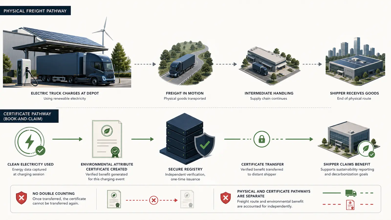 Process diagram separating an electric freight journey from the verified certificate pathway linking a carrier registry and shipper