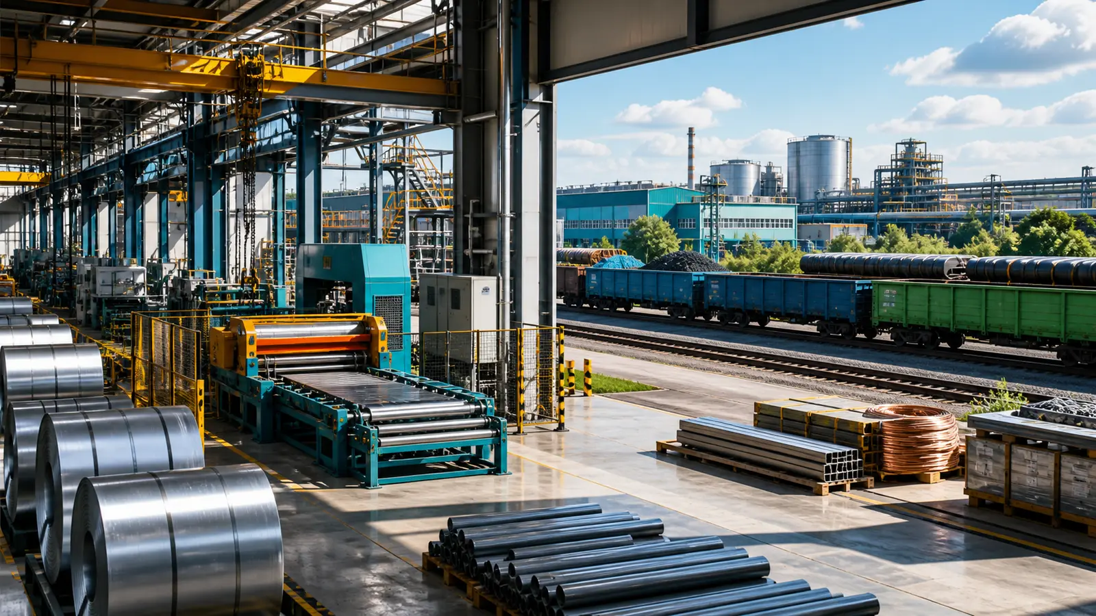 Sunlit industrial production hall connected to rail logistics and productive assets