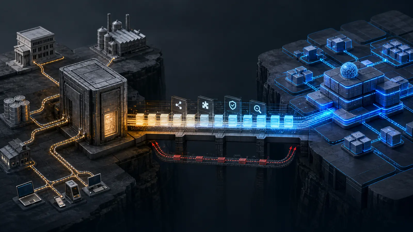 A controlled bridge connects legacy enterprise systems with a modular replacement platform
