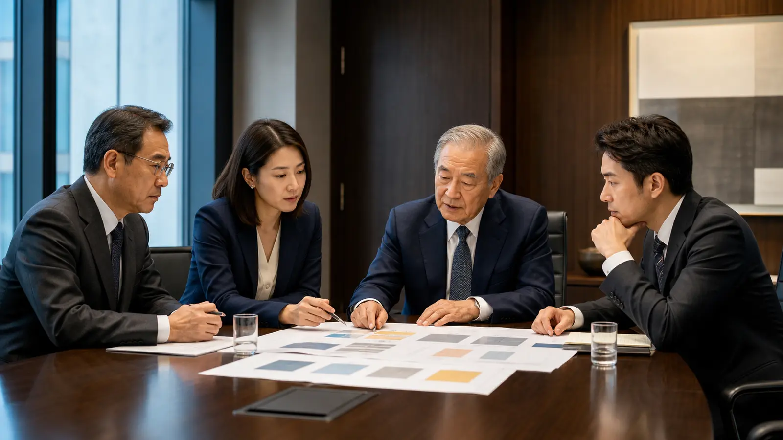 Senior founder and next-generation leaders reviewing a family business succession plan in a boardroom