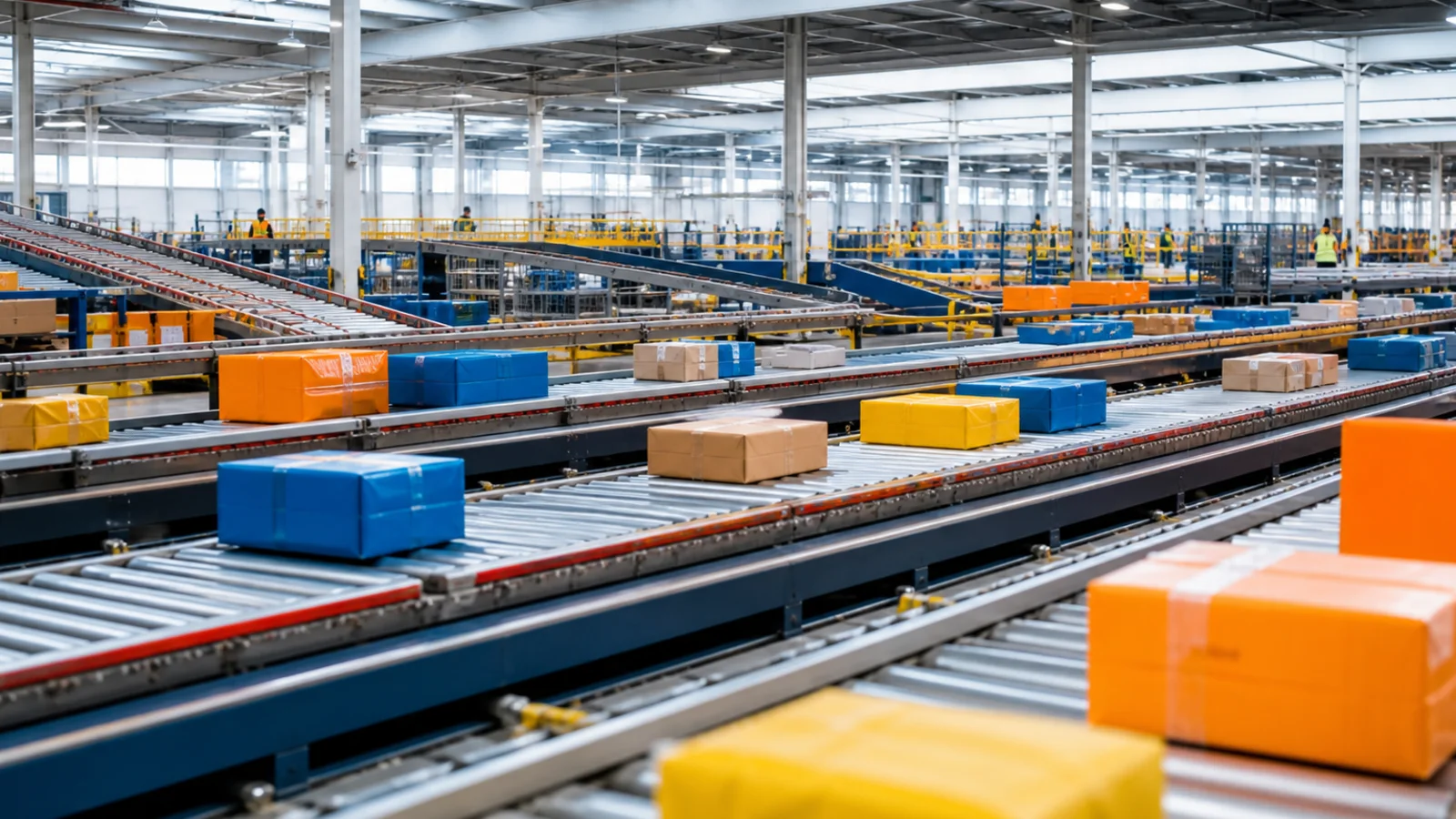 Colorful unbranded parcels move on parallel conveyors inside a bright distribution centre