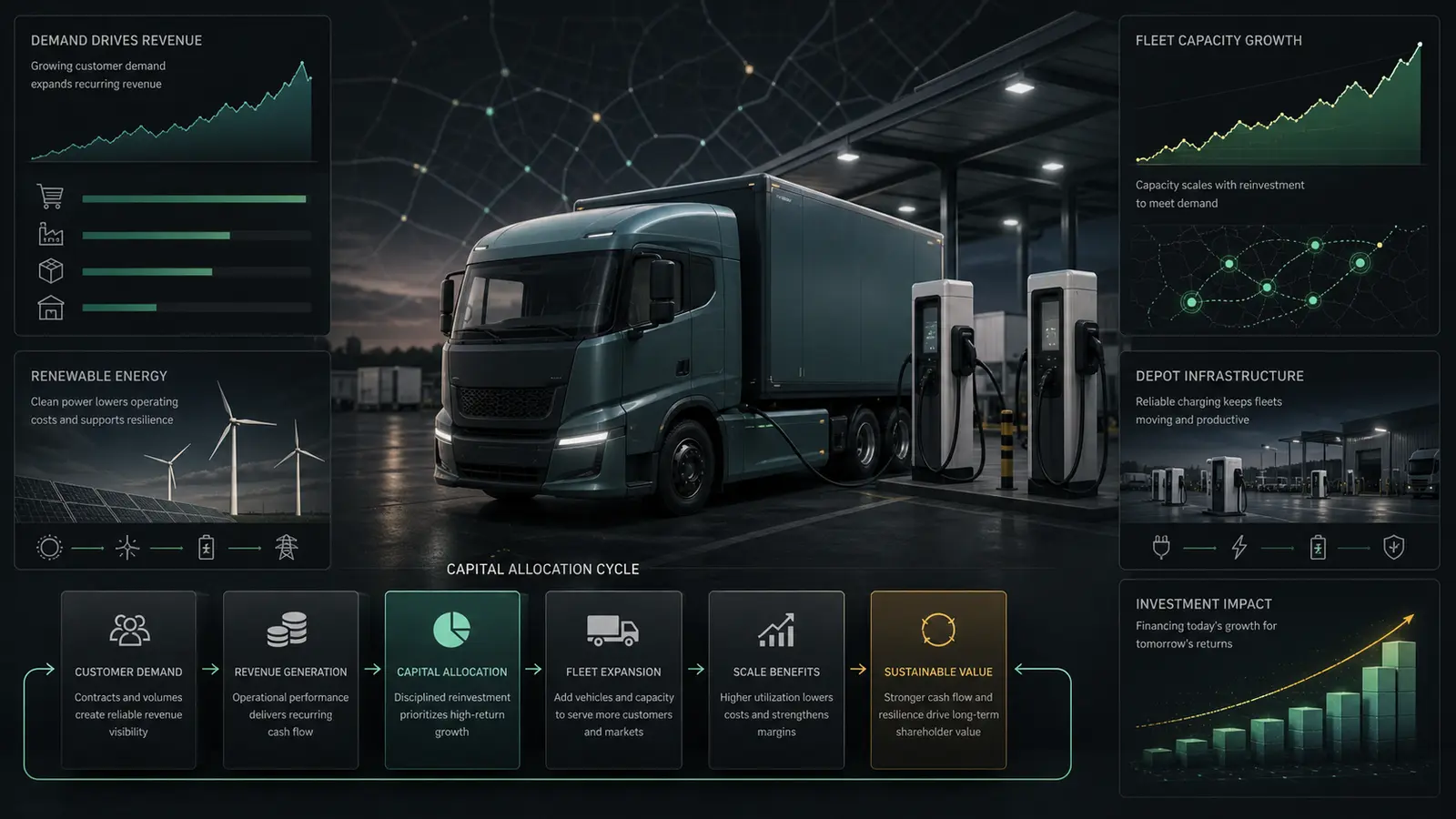 Investment dashboard connecting customer demand certificate revenue electric trucks renewable charging and expanding fleet capacity