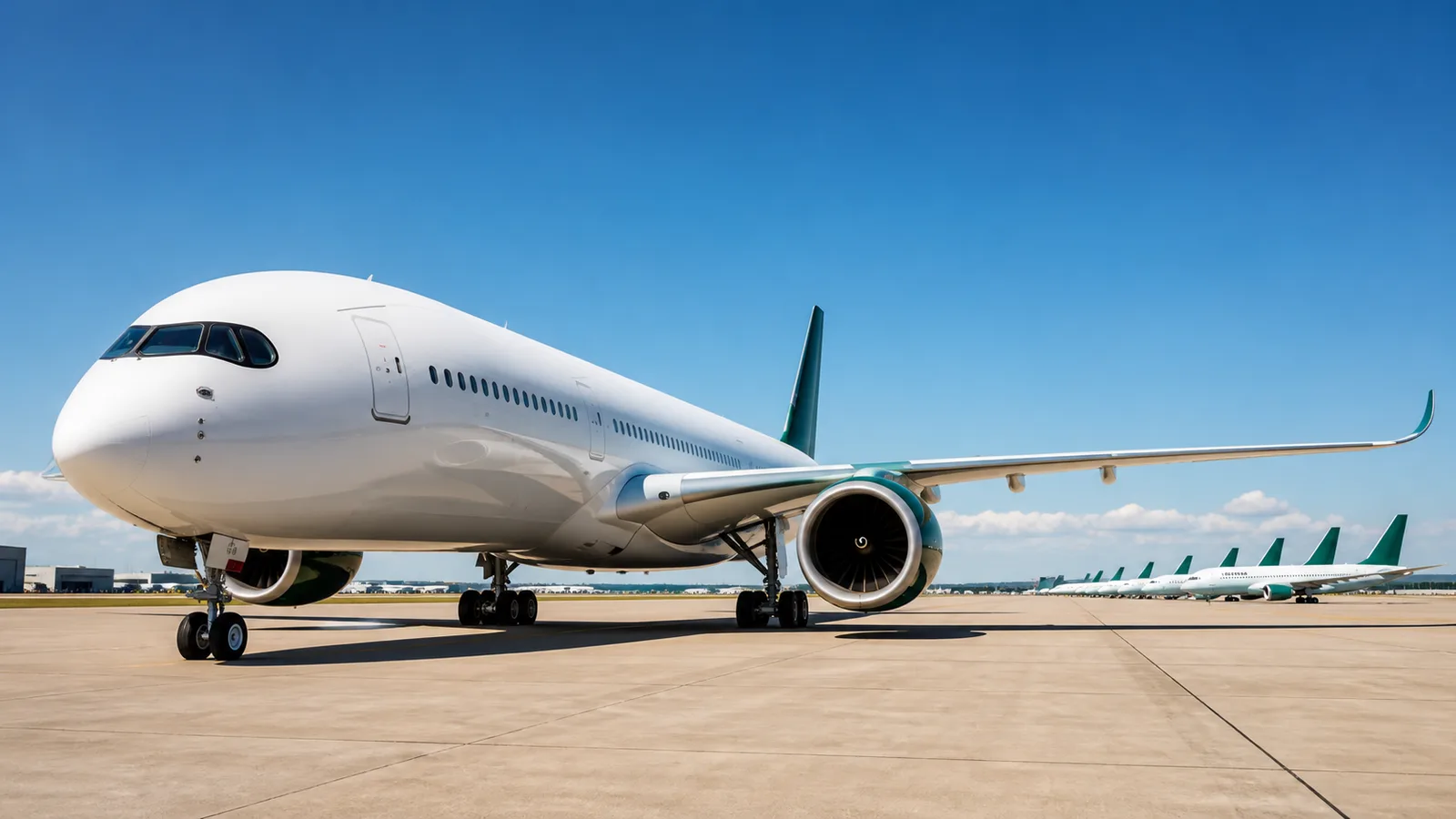 A bright unbranded widebody passenger aircraft stands on a sunlit apron with a diagonal fleet lineup in the distance