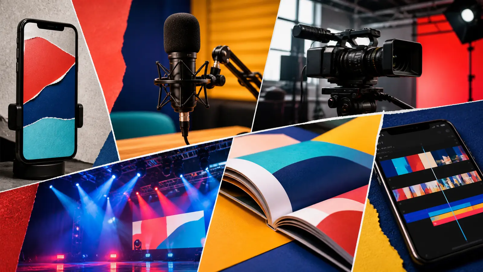 Vivid editorial collage combines an unbranded phone, podcast microphone, studio camera, event stage and abstract magazine