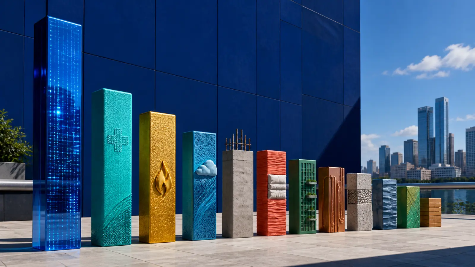 Twelve vivid revenue columns of different heights form a diagonal business chart against a deep blue sunlit backdrop