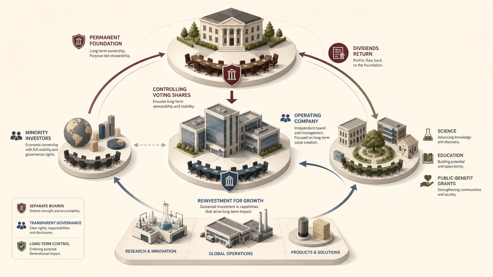 A foundation ownership map connecting permanent voting control with company reinvestment, minority investors and public-benefit grants