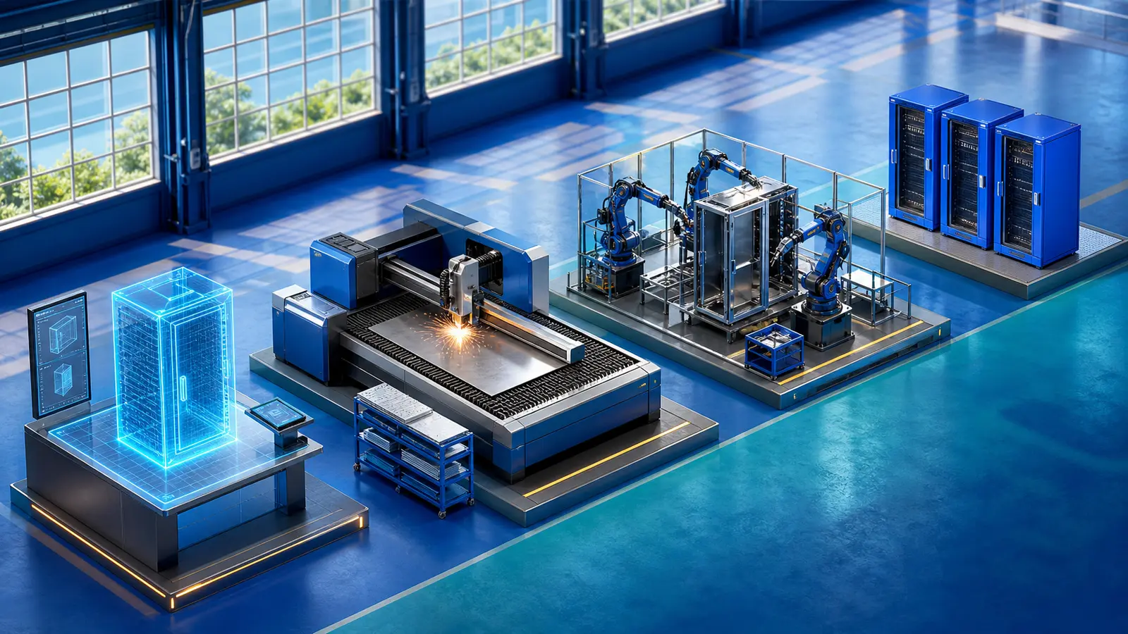 Bright isometric factory sequence moves from a digital product model to sheet-metal cells and finished blue server-rack enclosures