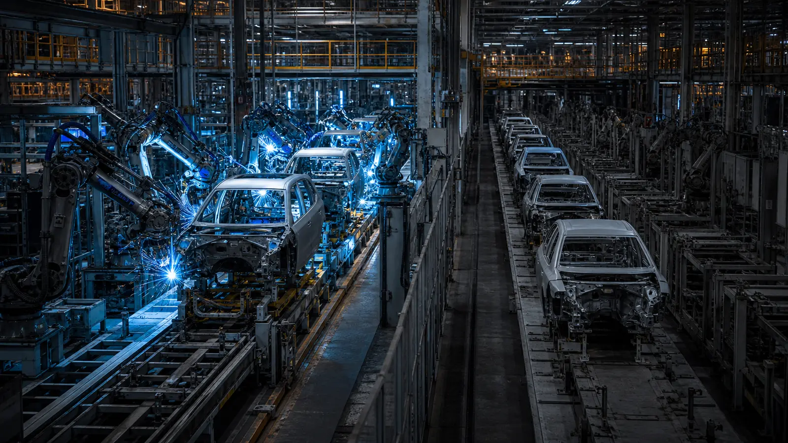 Automated vehicle factory with one active assembly line and one idle line