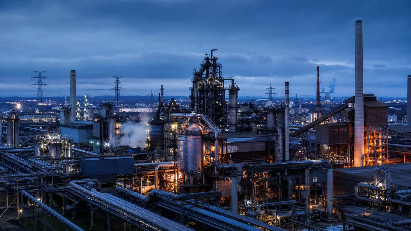 Large German industrial complex illuminated by cold blue and amber energy flows