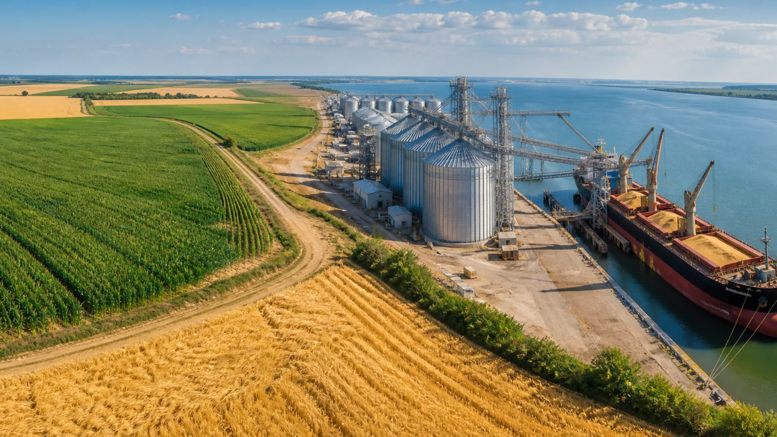 Sunlit wheat and corn fields run diagonally toward grain silos and a bulk carrier at an export terminal