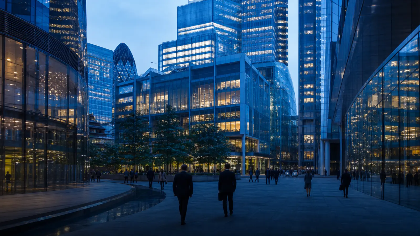 Modern financial district viewed through layered market data reflections