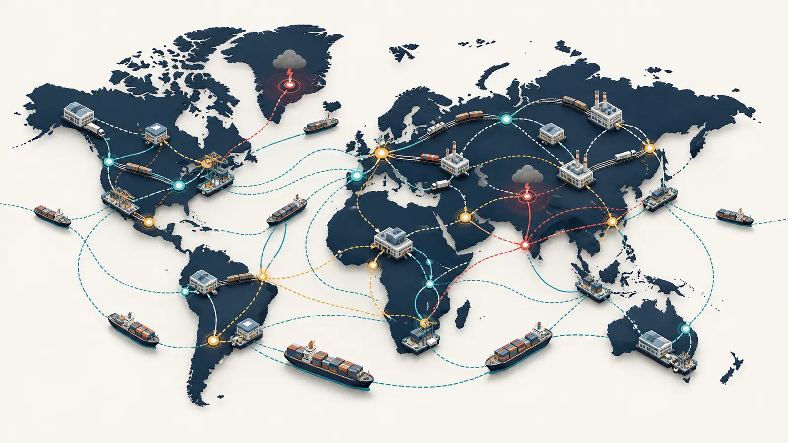 Global supply network with factories ports ships warehouses and alternate routes around disruption points