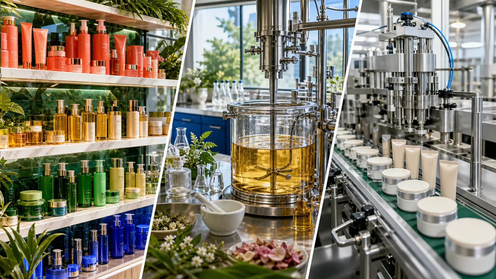 A bright three-part collage shows colorful skincare shelves a cosmetics mixing vessel and an automated packaging line