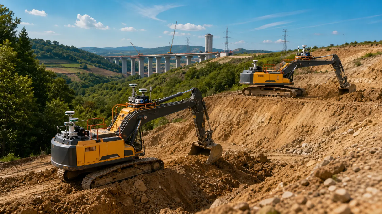 Two sensor-equipped autonomous excavators work on separate sunlit terraces beside a major infrastructure construction project