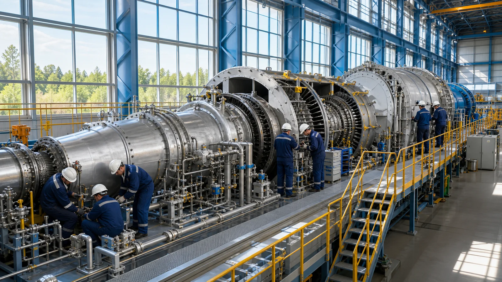 Engineering teams install a long gas turbine in a power-station hall filled with daylight