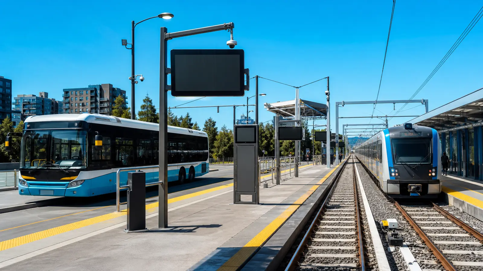 A bright multimodal terminal places an unbranded city bus beside a separate commuter train under clear daylight