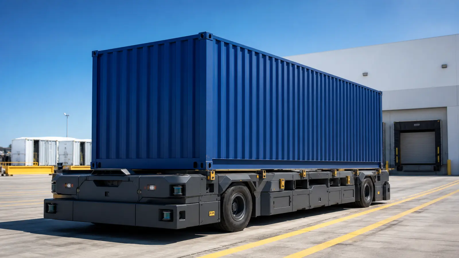 A bright cabless electric freight platform carries a blue shipping container beside a sunlit warehouse loading dock