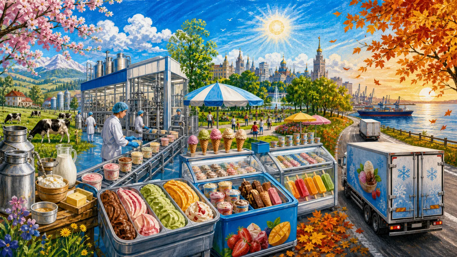Drawn panoramic story of dairy production, summer ice cream retail and refrigerated export logistics