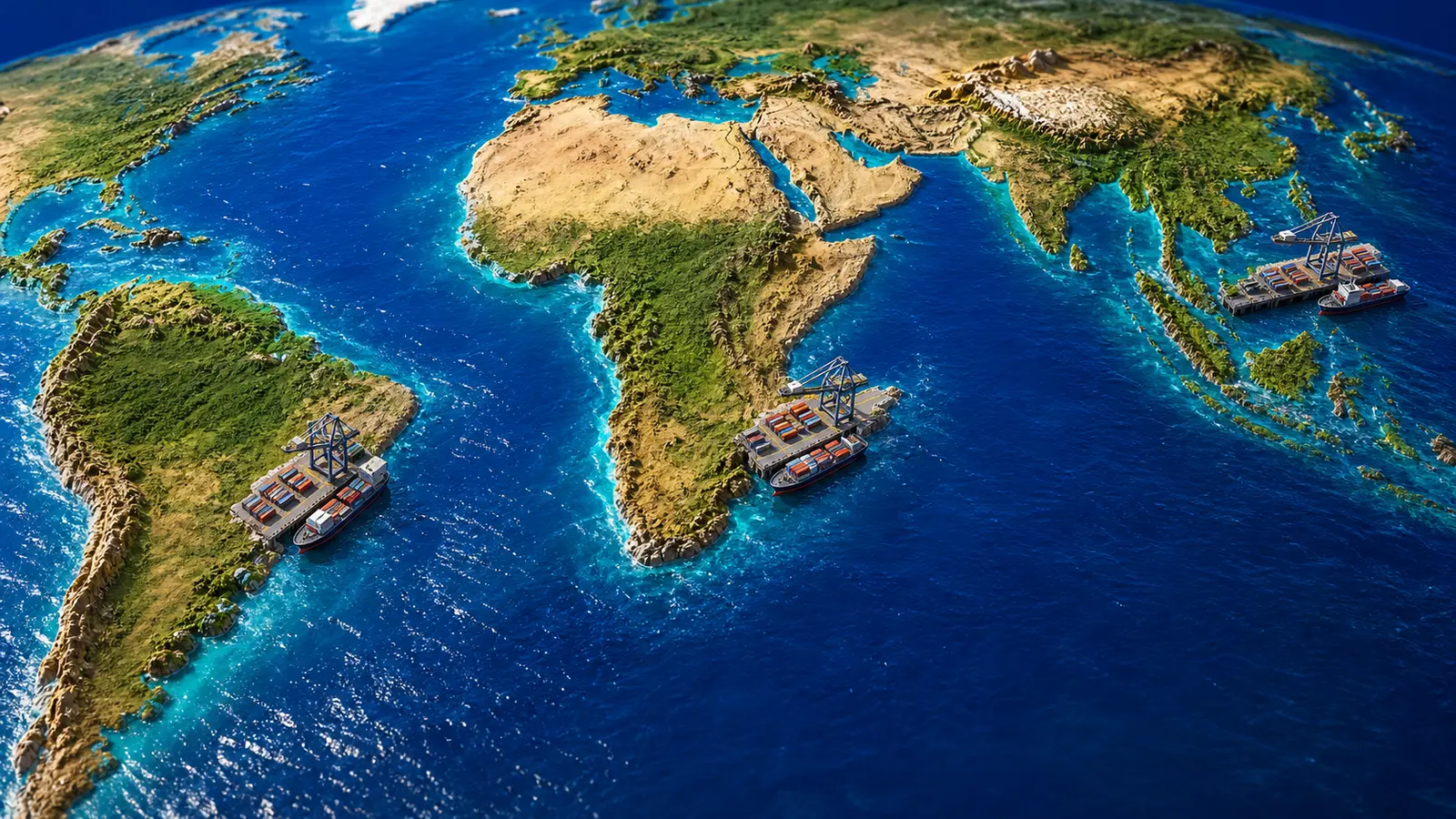 Bright oblique world relief shows three separate container terminals in Southeast Asia, southern Africa and eastern South America without connecting lines